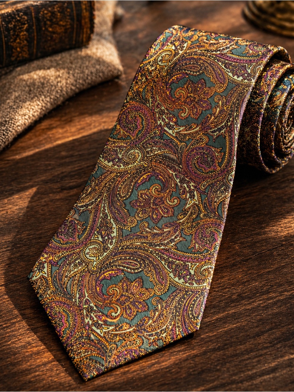 St Michael Silk Paisley Tie Made in Canada Vintage Lux Mens Necktie Green Gold